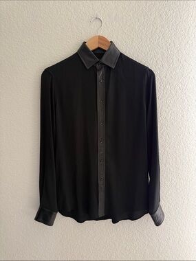 Ralph Lauren Black Label 100% Silk Button Down Blouse, Lamb Leather Trim Size 4